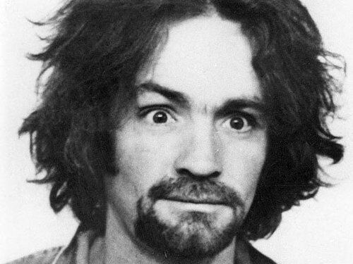 Black-and-white portrait of Charles Manson.